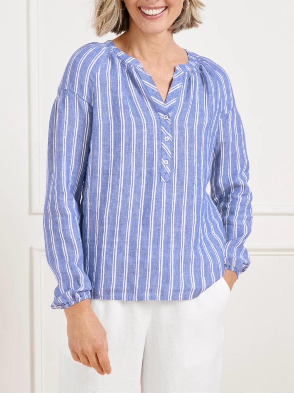 Talbots Linen Blouse Lakeside Blue White Stripe Long Lantern Sleeve Top XL $99